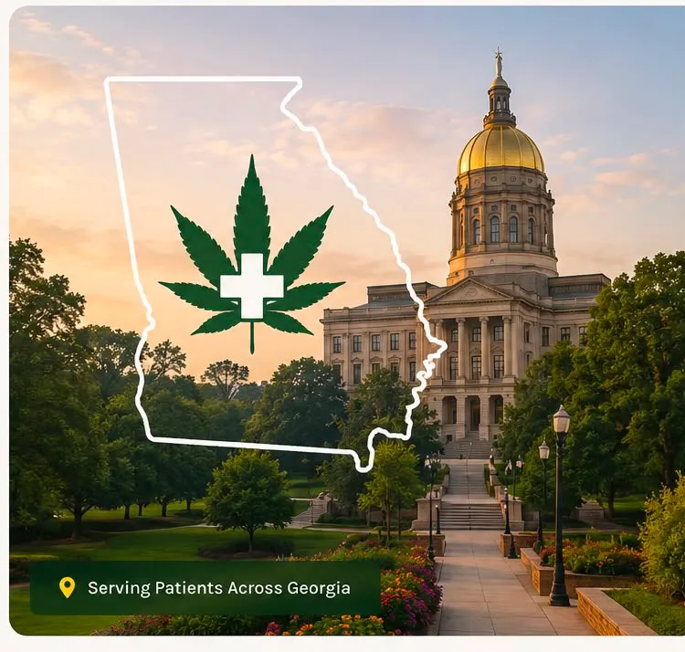 The Georgia State Capitol behind trees, with the outline of the state and a cannabis leaf carrying a medical cross drawn over it