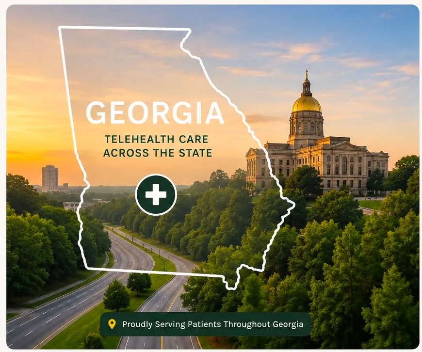The Georgia State Capitol behind trees, with the outline of the state and the words “Georgia — telehealth care across the state” drawn over it