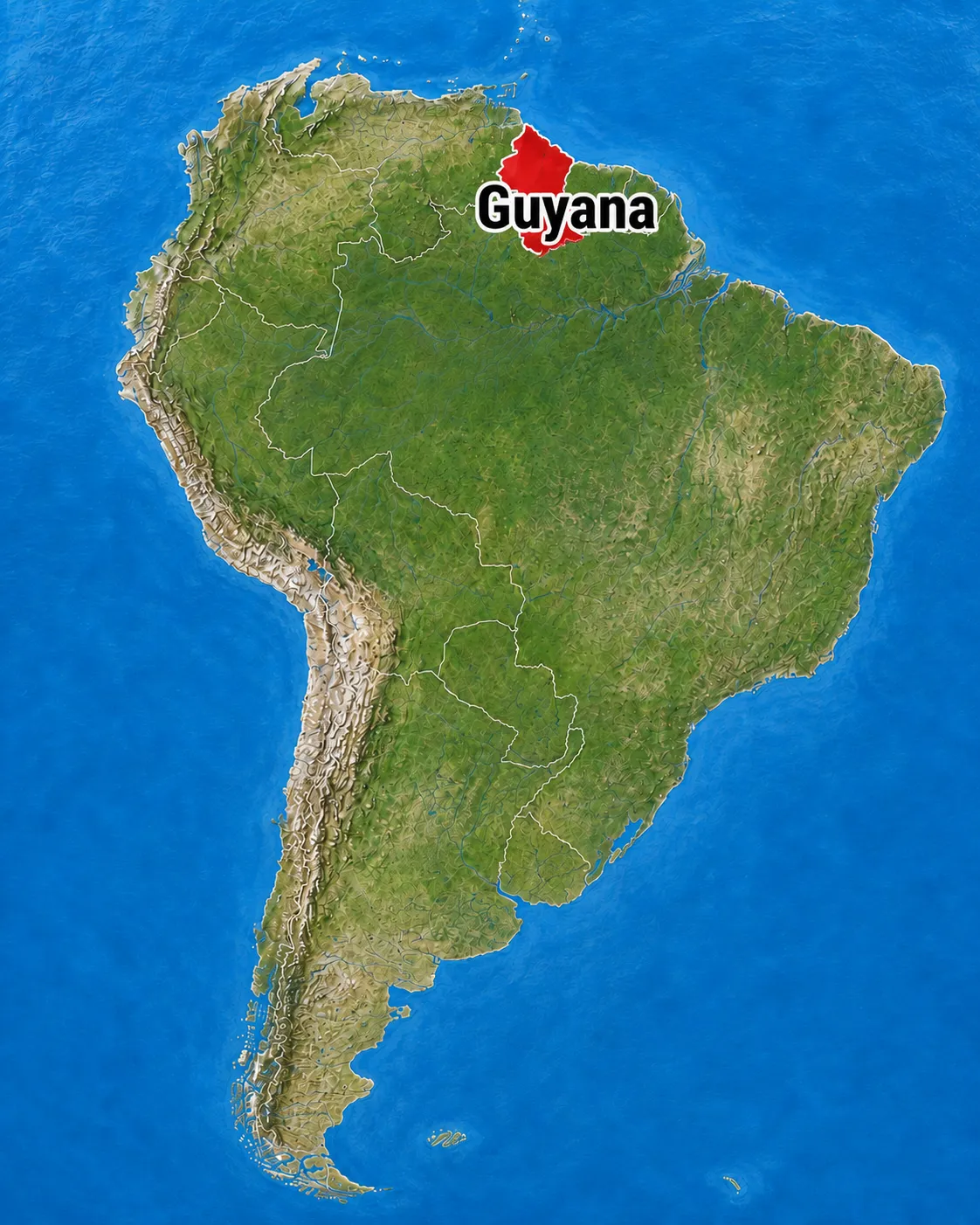 Relief map of South America with Guyana named and shaded red on the northern coast